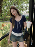 Wood Ear Splicing Hem Two Round Collar Short-Sleeved T-Shirts For Women's Summer New Tying With Pure Lustful Style On The Top