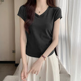 Shallow Powder Small Flying Sleeve Big V Neck Collar Collar Collar Folded Folded Waist Thin Design Short Sleeves On The Shoulder T-Shirt Girl Summer