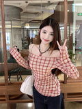 Red Plaid One-Collar Shirt Women 2026 Early Spring New Temperament Sweet Spicy Shoulder Repair Long-Sleeved Shirt Tide