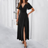 Dili Women's Clothing 2025 Spring And Summer Temperament Elegant Body Solid Color V-Neck Open Fork Dress