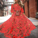 Printed Dress 2025 French Commuting Style Retro Swing Type Round Collar Crumped Floral Dress