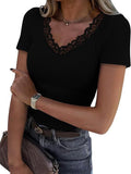 2025 Lace Splicing V-Neck Tight Solid Color Short-Sleeved T-Shirt Women's Summer New Pure Desire To Slim Top