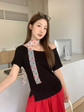Lazy Sloping Slanted Shoulders Short-Sleeved Women 2026 Summer New Gray Leisure Loose Temperament T-Shirt Top