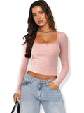2025 New Long-Sleeved T-Shirt Women's Fashion Brand Slim Lace Spliced Hottie Top U Collar Thin Bottom Shirt
