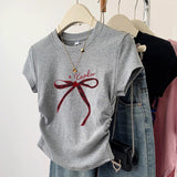 Pure Cotton Bow Short-Sleeved T-Shirt Women's Summer 2025 New Design Sense Small Man Repair On The Shoulder
