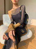 Colored Long-Sleeved Dress Women In Autumn And Winter Knitted Sling Skirt Bottom Skirt Two Sets
