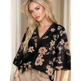 New Tat Lace Wind V Collar Bat Sleeve Print Casual T-Shirt Blouse Chiffon