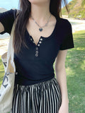 Small Tight Hottie Shoulder Short-Sleeved T-Shirt Girl Summer Simple Buckle Design Short Thin Clothes