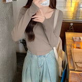 Apricot Front Shoulder Curved Under The Long-Sleeved T-Shirt Girl Early Autumn Collar Slimming Irregular Bottom Shirt