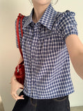 Fashion Retro Blue Plaid Short Sleeve Loose Shirt For Women's Summer New Bubble Sleeves Collar Sweet Top