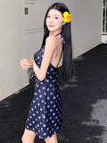 French Temperament Blue V Neck Hanging Dress Skirt Women Summer New Seaside Holiday Style Wear