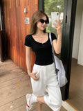 Korean Irregular V-Neck Button Shoulder Short-Sleeved T-Shirt 2026 New Folded Repair Waist Small Top