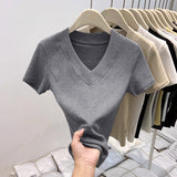 European Gray V-Neck Short-Sleeved Summer T-Shirt Girl 2025 New Design To Repair The Slim Solid Color Fish Bone Waist Top