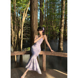 Sexy Pure Ambience Feeling Back Purple Dress Slimy Tossed Fishtail Holiday Dress