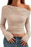 New Sexy Folded Shoulder Jacket Long Sleeves Out Asymmetrical Umbilical Folding T-Shirt Style Short