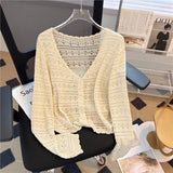White Hollow Knitted Cardigan Girl Thin Long-Sleeved Ice Silk Shawl With Sling Skirt Air-Conditioning Shirt Summer
