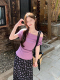 One-Word Shoulder Slimming Folded Short-Sleeved T-Shirt High-Waisted Floral Skirt 2026 Summer Fashion Suit Women Ins