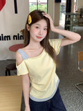 Korean Slanted Shoulder Design Fake Two Short-Sleeved T-Shirt 2026 Summer New Ditic Thin Loose Temperament Top