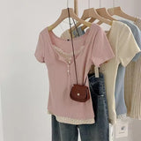 Fake Two Lace Lace Short-Sleeved T-Shirt Spring And Summer New Pure Wind Hottie Slim Thin Shoulder Bottom Top
