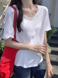 Pink U-Neck Shoulder Short-Sleeved Women's T-Shirt Summer New Large-Size Fat Mm Shaved Stomach Big Thin Loose Tops Hidden Meat