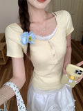 Milk Yellow Fake Two Broken Flowers Short Sleeves T-Shirt Women's 2026 Summer New Sweet Temperament Slim Thin Top