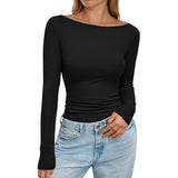 2025 Autumn And Winter Boat Collar Ribs Jersey Folding Body Out Of The Coat Leisure Basic T-Shirt
