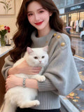 Korean Design Sense Of Old Money Wind Gray Familiar Side Collar Knitted Shirt Women Autumn And Winter Thick Sweater