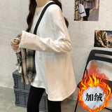 White Long-Sleeved T-Shirt Women Loose Inside The Folded Wearing Long Plus Velvet Top Dress Spring And Autumn Dress Bottom Shirt