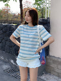 Fashion High-End Color Striped Round-Neck Short-Sleeved T-Shirt For Women's Summer New Loose Meat Masking Thin Casual Blouse