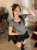 Round Collar Collar Collar Collar Collar Collar Thin Short-Sleeved T-Shirt Girl Spring And Summer Bow Tie With Straight Shoulder To Put On The Top