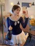 French Bow Tie With Slanted Shoulder Long-Sleeved T-Shirt For Women's Early Autumn Small Body Slim Slime Top
