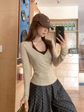 Oatmeal Hottie Body V-Neck Long-Sleeved Bottom Shirt Woman 2026 Spring And Autumn With Chest Pad Hanging Neck Strap Vest Top