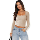 2025 New Long-Sleeved T-Shirt Women's Fashion Brand Slim Lace Spliced Hottie Top U Collar Thin Bottom Shirt