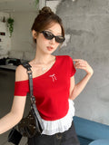 Red Oblique Shoulder Bow Design Sense Short-Sleeved T-Shirt For Women's New Lace Lace Splicing Tops In Summer 2026