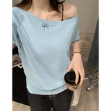 Summer Shoulder Sexy T-Shirt Girl Blue Neckline Collar Collar Slanted Shoulder Short Sleeves Loose Lazi White Top