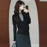 Black And Gray Two Knitted Shirt Women 2025 Early Autumn New Design Feeling Autumn And Winter Han Line Wearing A Chic Top