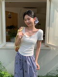 Korean Irregular V-Neck Button Shoulder Short-Sleeved T-Shirt 2026 New Folded Repair Waist Small Top