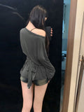 Thin Slim Cross-Slanted Shoulder Long-Sleeved T-Shirt Girl 2025 Spring And Summer Large-Size Fat Mm Sun Protection Hoodie T-Shirt T-Shirt