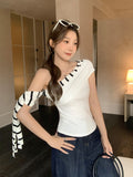 Korean Retro Black And White Striped Slanted Shoulder Short-Sleeved T-Shirt For Summer New 2026 Ribbon Spliced Knitted Small Top