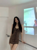 Leopard Hanging Neck Hanging Dress Girl Spring And Autumn Sweet Babes Tight Short Dress Pure Lusty Temperament Pocketed Ass Skirt