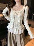 Pure Want To Fake Two Hem Splicing Design Long-Sleeved T-Shirt Women 2026 Early Autumn Bottom Shirt Lace Top