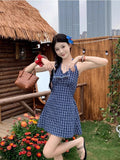Korean Blue Lattice Hanging Neck Dress Women Summer Sleeveless Bow Bow A Word Skirt Sweet Babes Short Skirt