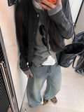 Lazy Wind Gray Fake Two Knitted Cardigan Coat Women Autumn Winter Korean Sweater Bump Color Top Design Sense Niche
