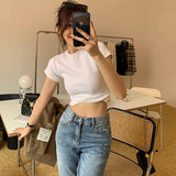 T-Shirt Women Shoulder Short Sleeves Of European Goods 2025 New Thin Round-Neck Shirt Folded Bottom Tops Body Truss