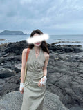 Summer Simulation Silk Elastic Ribbon Striped Hanging Neck Slings One-Packed Skirt Suit