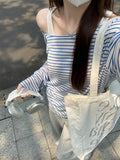 Unique Striped Sunscreen Hooded Long-Sleeved T-Shirt For Women 2026 Summer New Sling Vest Two-Piece Top