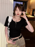 Simple Solid Color Short-Sleeved Button T-Shirt Girl Summer 2025 New Hot Girl Set Up Shoulder Short Top Tide