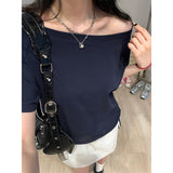 Summer Shoulder Sexy T-Shirt Girl Blue Neckline Collar Collar Slanted Shoulder Short Sleeves Loose Lazi White Top
