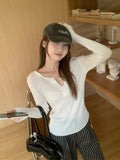 Korean Wearing Yellow V-Neck Long-Sleeved Knitted Shirt Women's Spring And Summer New Pitted Texture Soft-Cuff Small Blouse