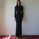 Autumn/Winter 2025 Solid-Colored Long-Sleeved Round-Neck Fashion Sexy Ribbon-Packed Hip Dress